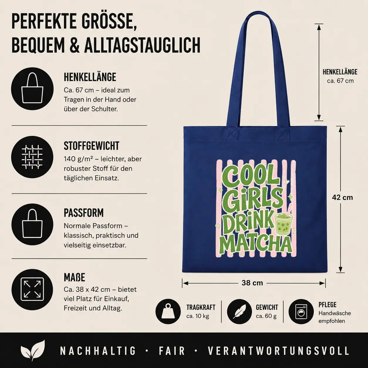 Baumwolltasche Navy - Cool Girls Drink Matcha Motiv