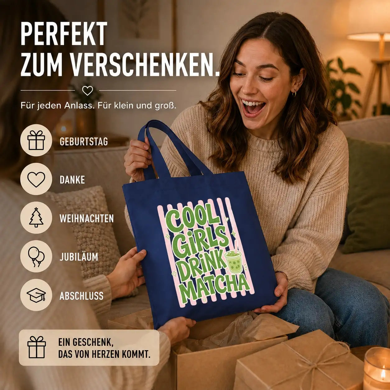 Baumwolltasche Navy - Cool Girls Drink Matcha Motiv