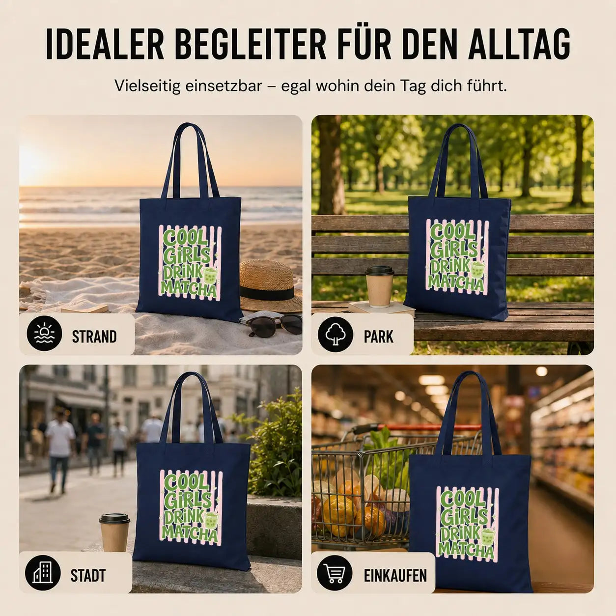 LIEBTASTISCH® Baumwolltasche Cool girls drink matcha - Stofftasche Beutel Einkaufsbeutel für Frauen Damen - Geschenk Geburtstag Weihnachten Freundin Mama - Macha - {FARBE}