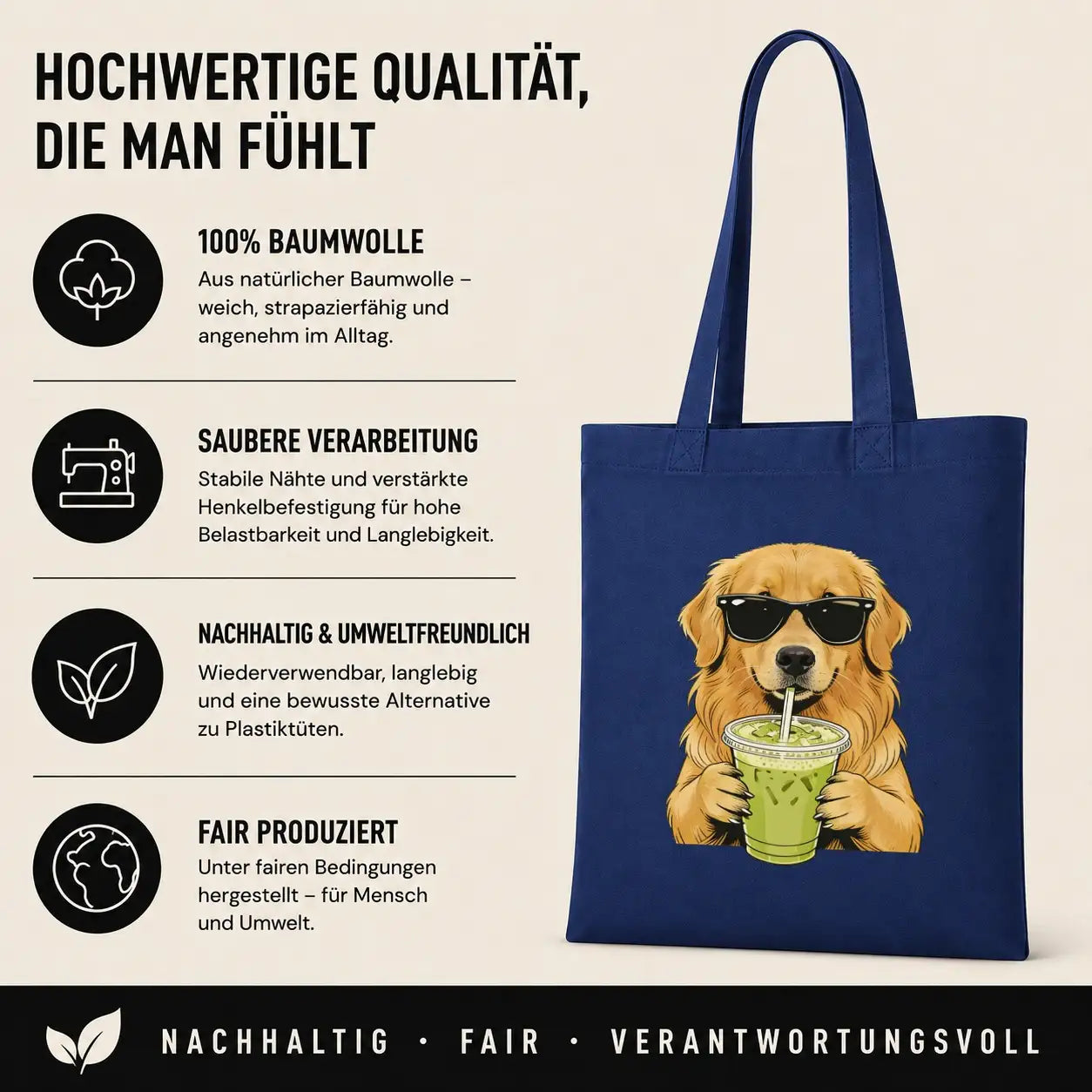 Baumwolltasche - Golden Retriever mit Sonnenbrille
