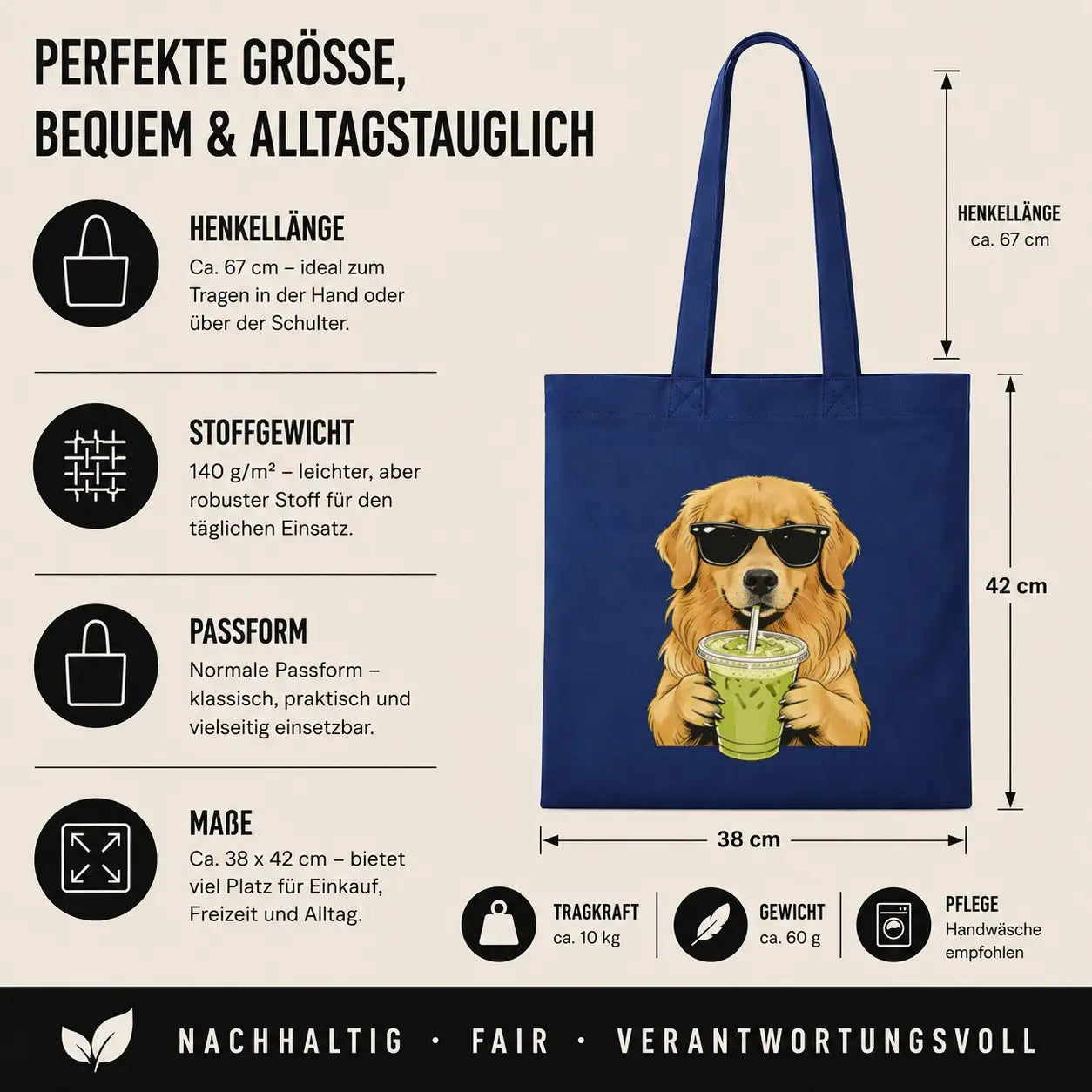 Baumwolltasche - Golden Retriever mit Sonnenbrille