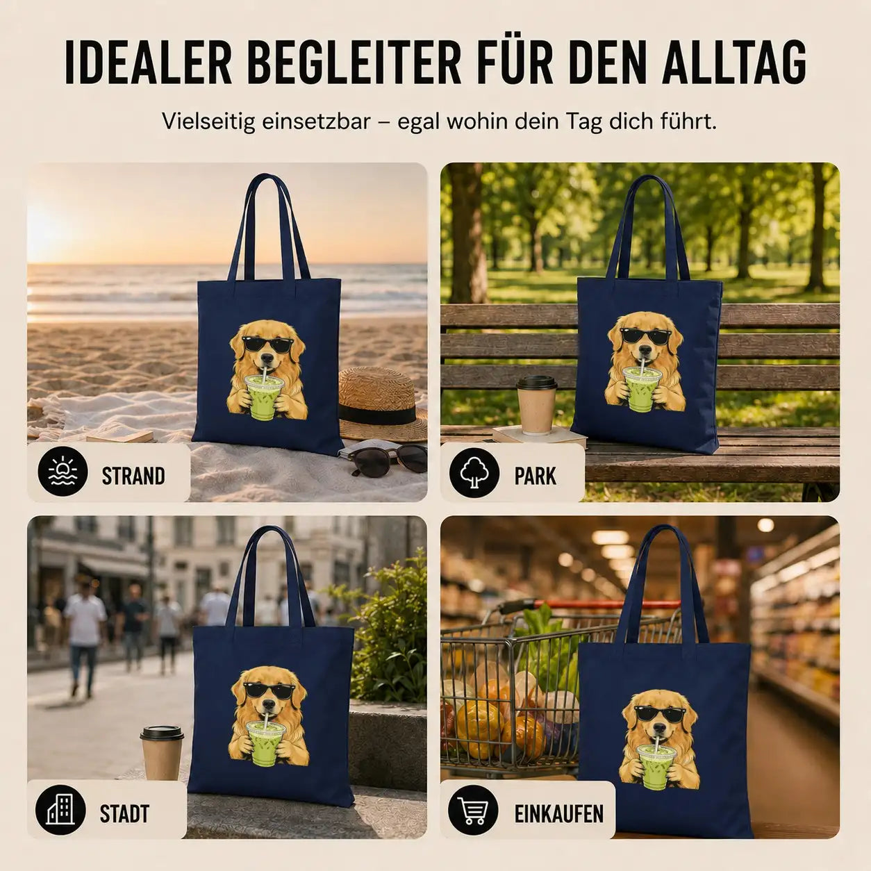 Baumwolltasche - Golden Retriever mit Sonnenbrille