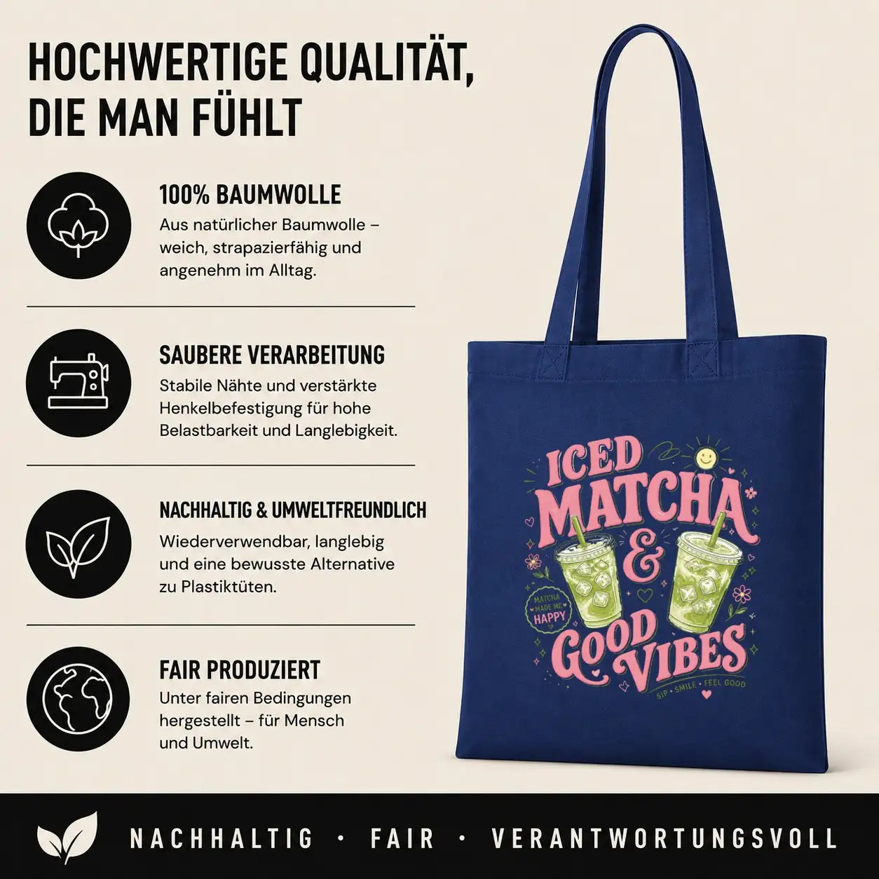 Baumwolltasche - Iced Matcha & Good Vibes Matcha made me happy Sip · Smile · Feel Good