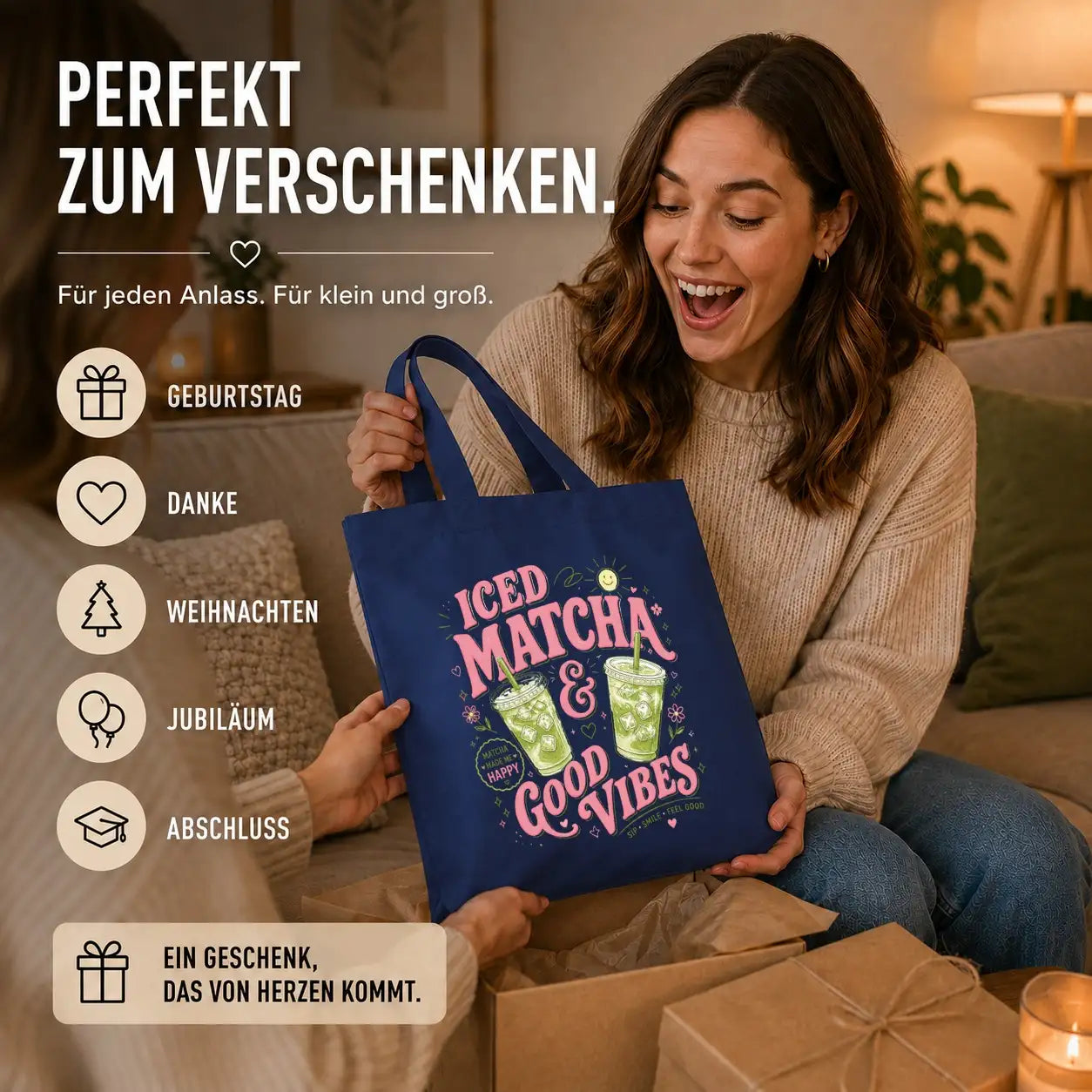 Baumwolltasche - Iced Matcha & Good Vibes Matcha made me happy Sip · Smile · Feel Good
