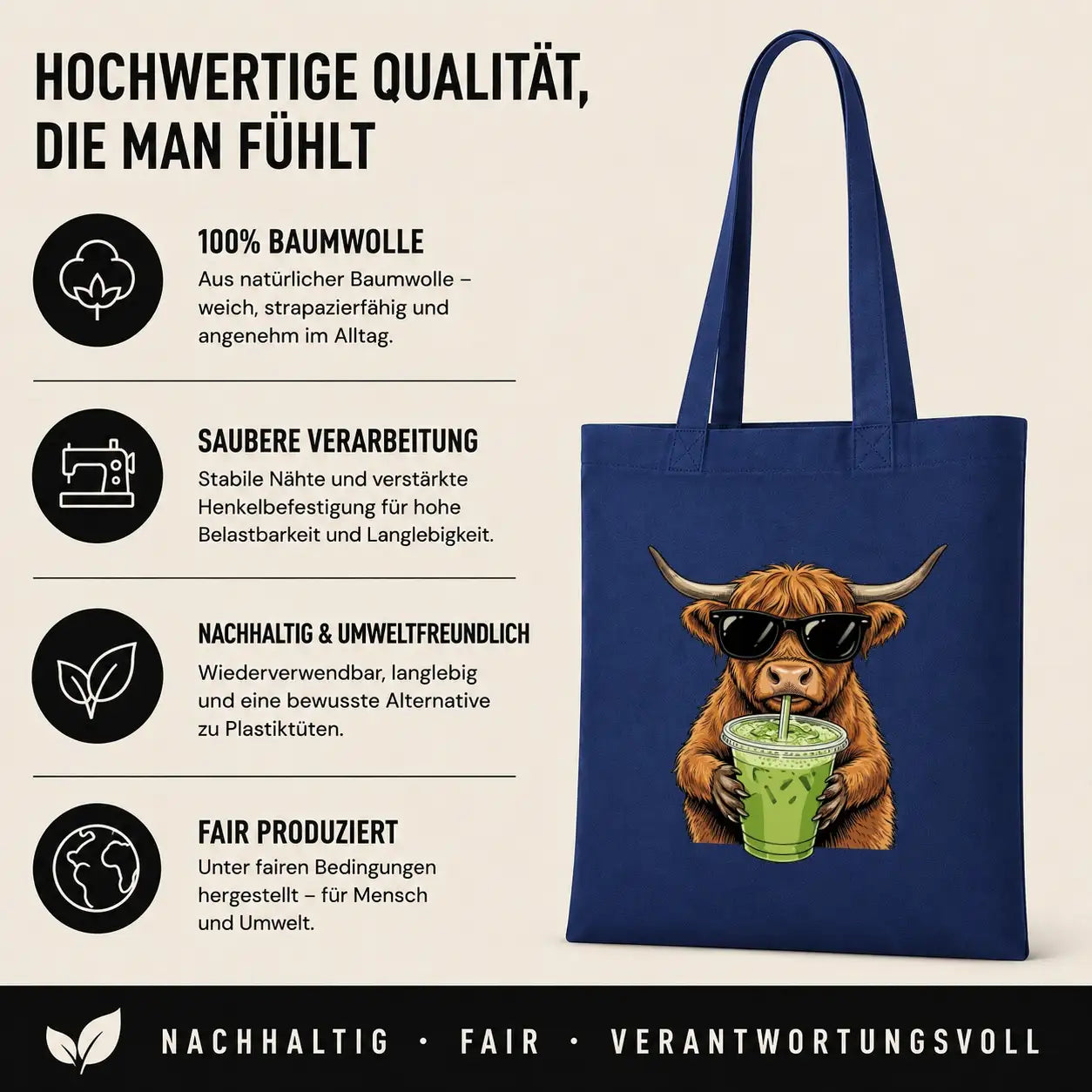 Baumwolltasche - Highland Rind mit Sonnenbrille