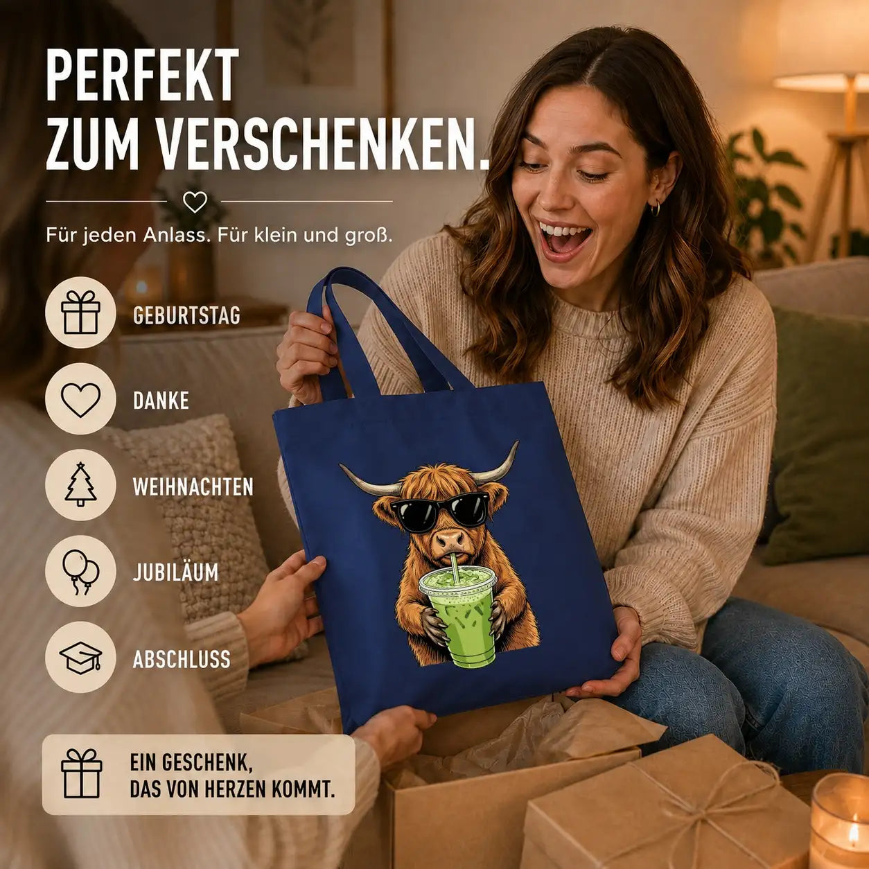 Baumwolltasche - Highland Rind mit Sonnenbrille