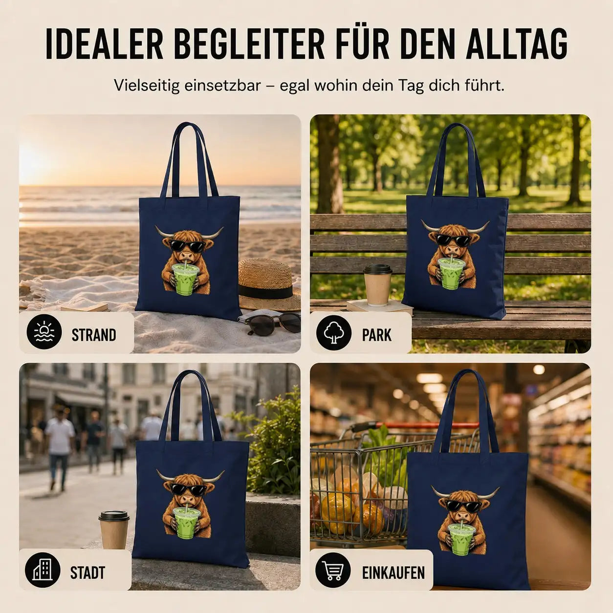 Baumwolltasche - Highland Rind mit Sonnenbrille