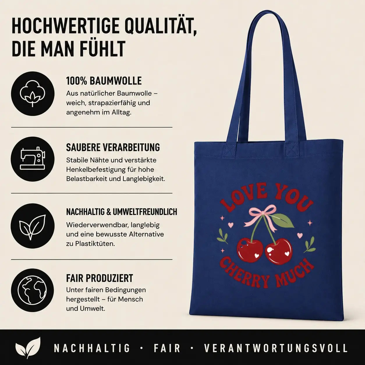 Baumwolltasche - Love You Cherry Much mit süßen Kirschen