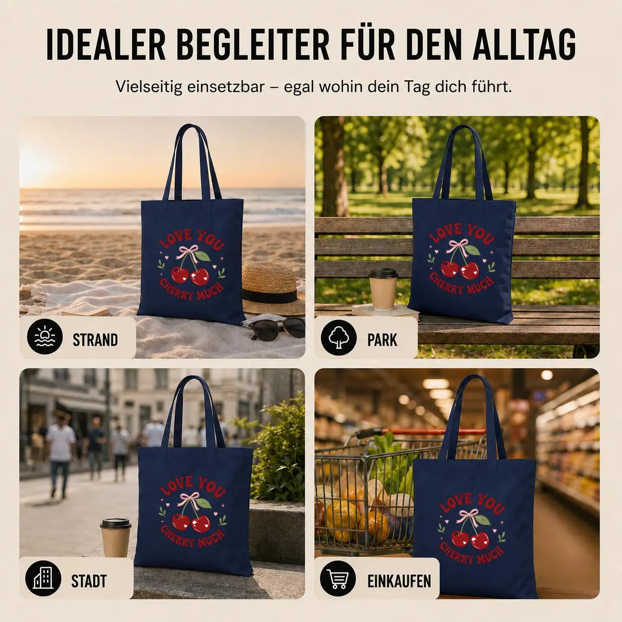 Baumwolltasche - Love You Cherry Much mit süßen Kirschen