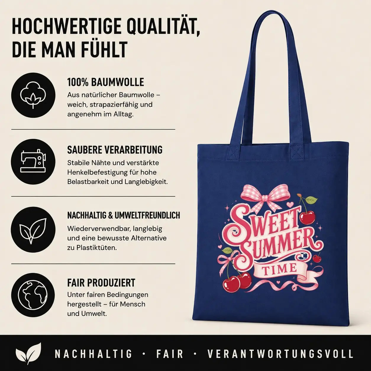 Baumwolltasche - Sweet Summer Time mit Kirschen Navy