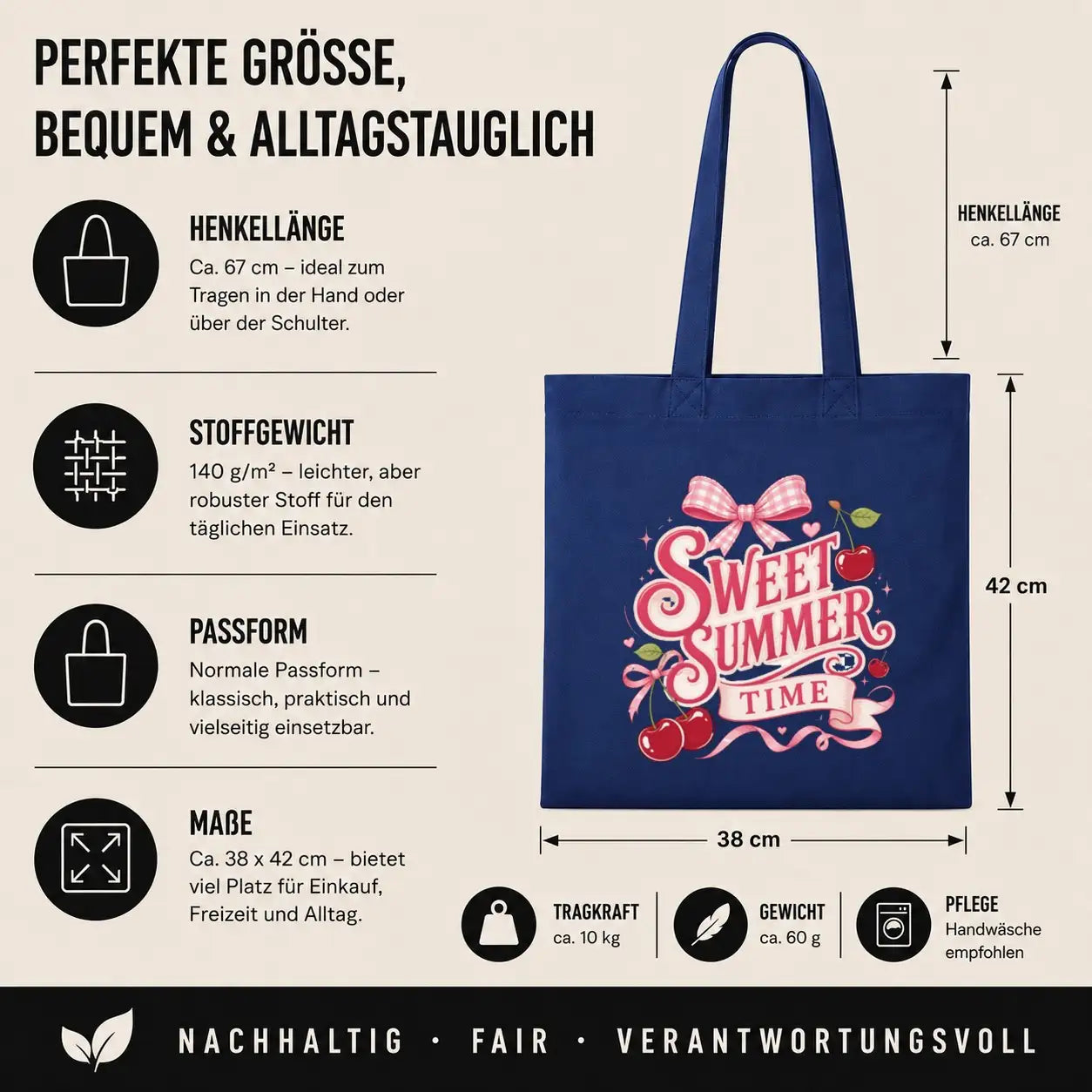 Baumwolltasche - Sweet Summer Time mit Kirschen Navy
