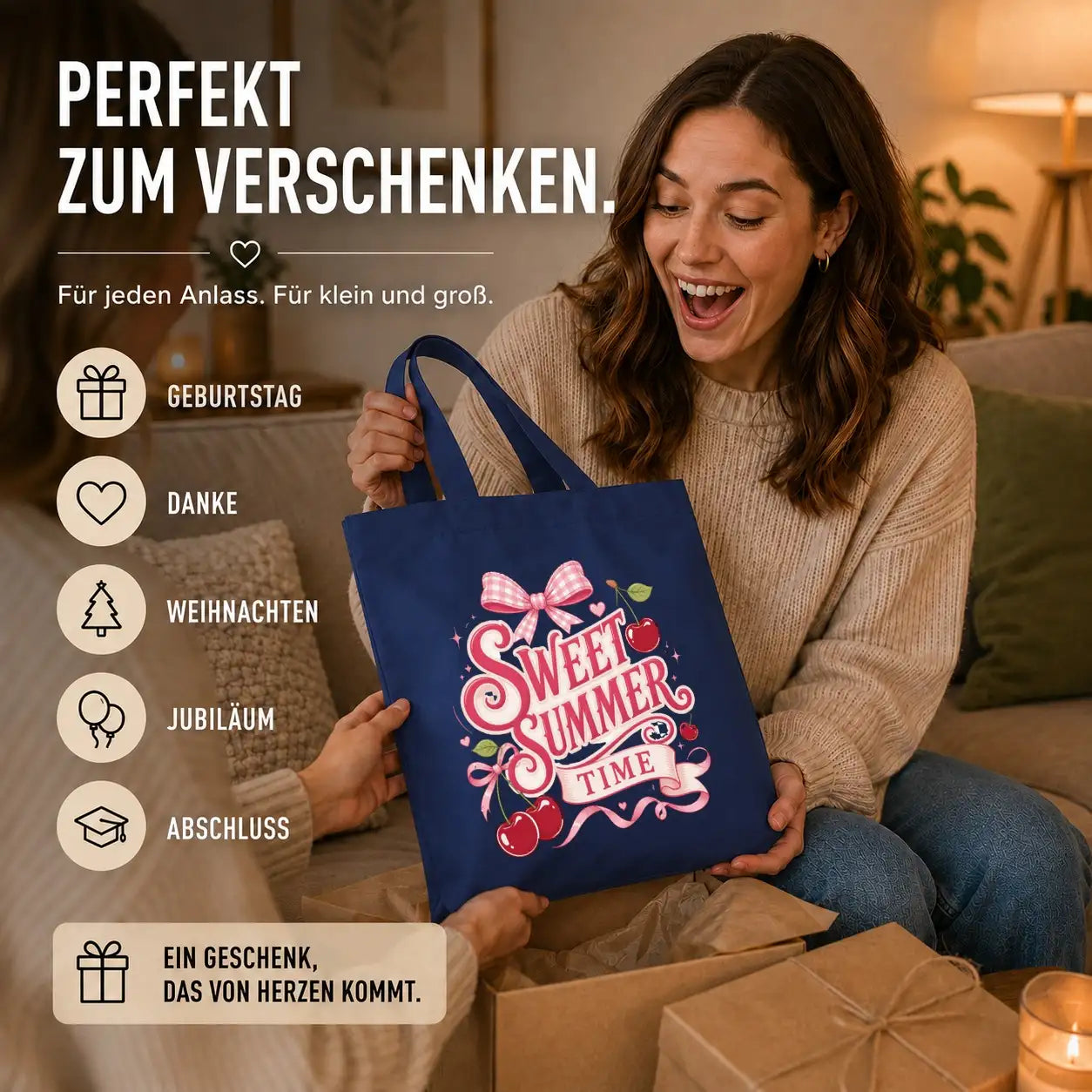 Baumwolltasche - Sweet Summer Time mit Kirschen Navy