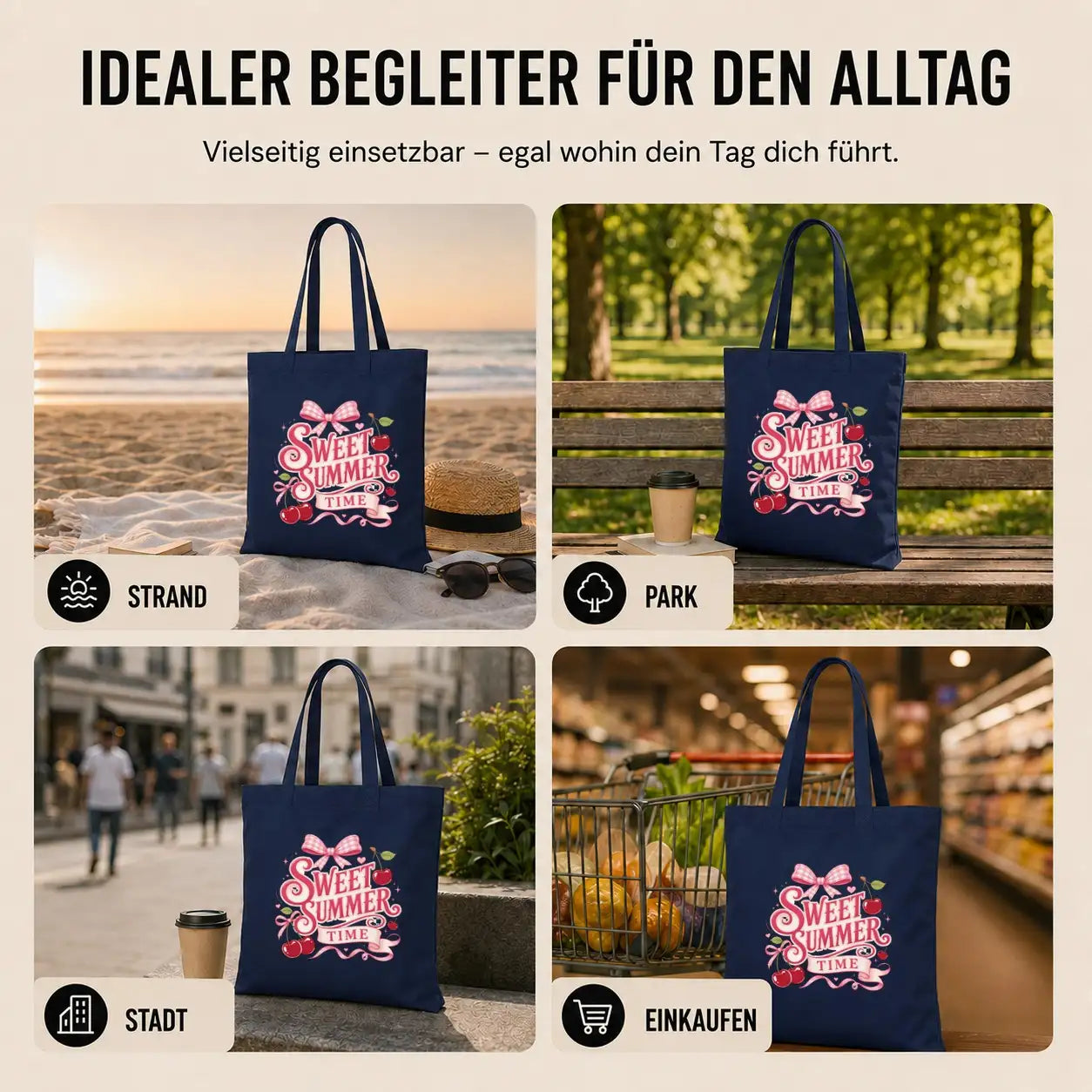 Baumwolltasche - Sweet Summer Time mit Kirschen Navy