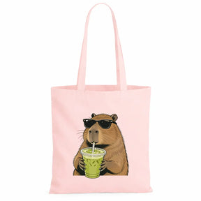 Baumwolltasche - Capybara mit Matcha Getränk Rosa