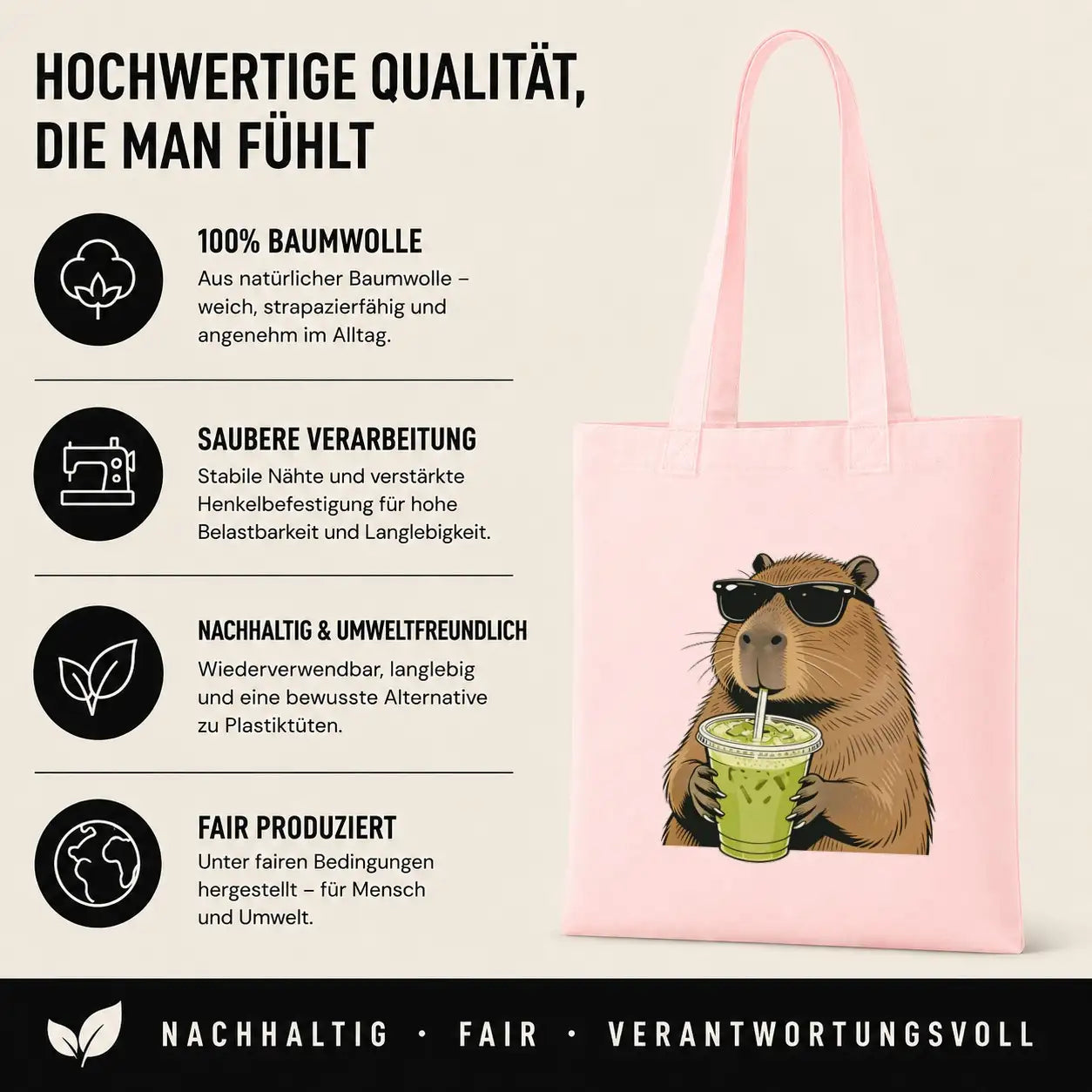 Baumwolltasche - Capybara mit Matcha Getränk Rosa