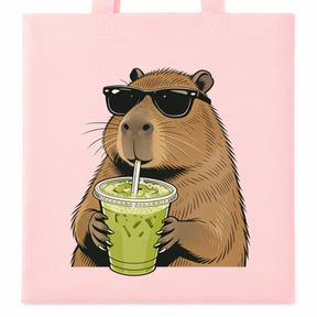 Baumwolltasche - Capybara mit Matcha Getränk Rosa