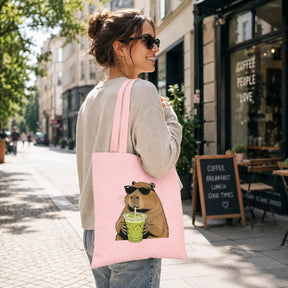 Baumwolltasche - Capybara mit Matcha Getränk Rosa