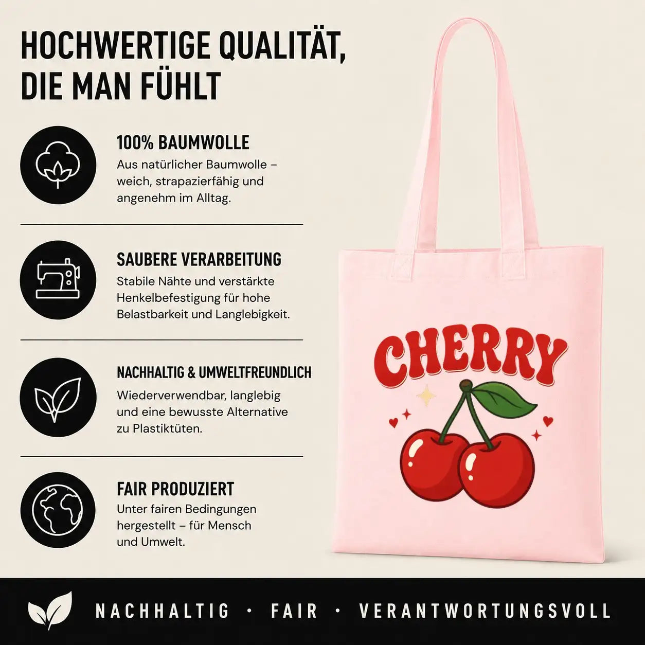 Baumwolltasche - Cherry Kirschen Motiv