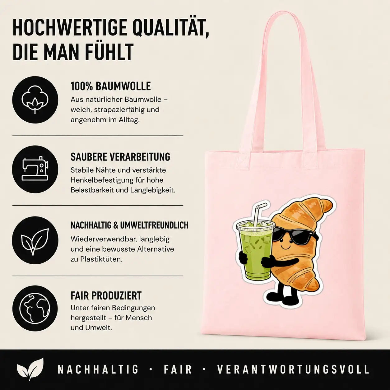Baumwolltasche - Croissant mit Sonnenbrille Getränk