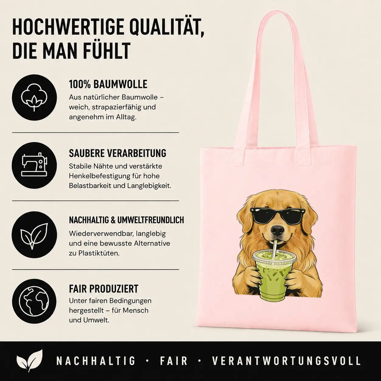 Baumwolltasche - Golden Retriever mit Sonnenbrille