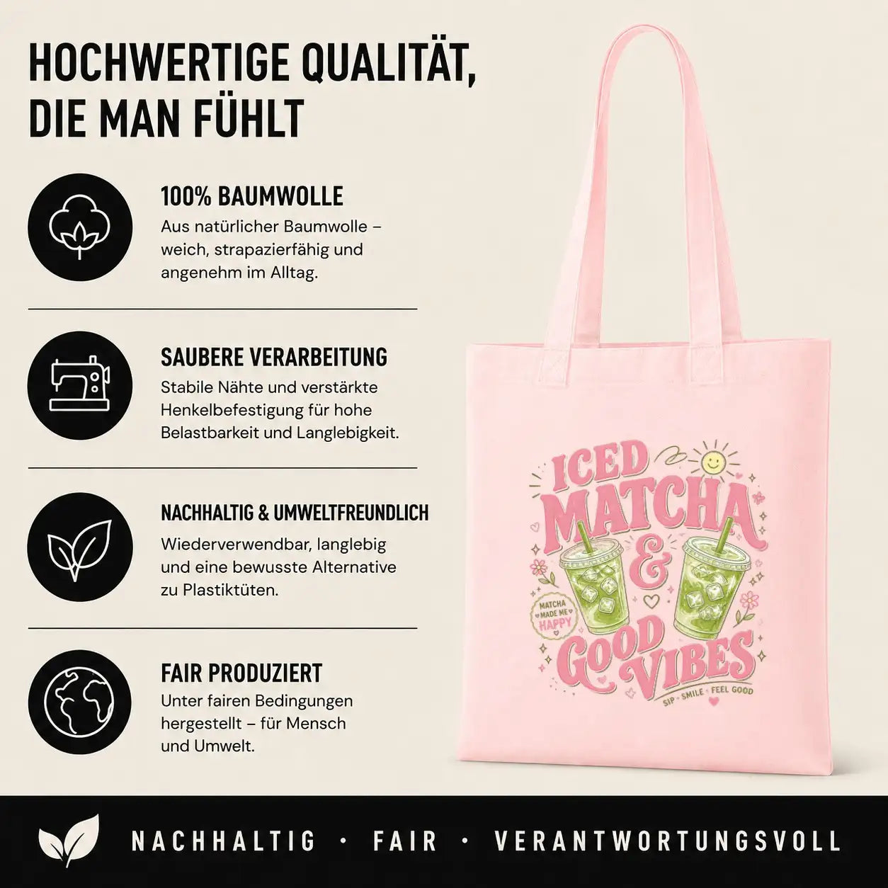 Baumwolltasche - Iced Matcha & Good Vibes Matcha made me happy Sip · Smile · Feel good