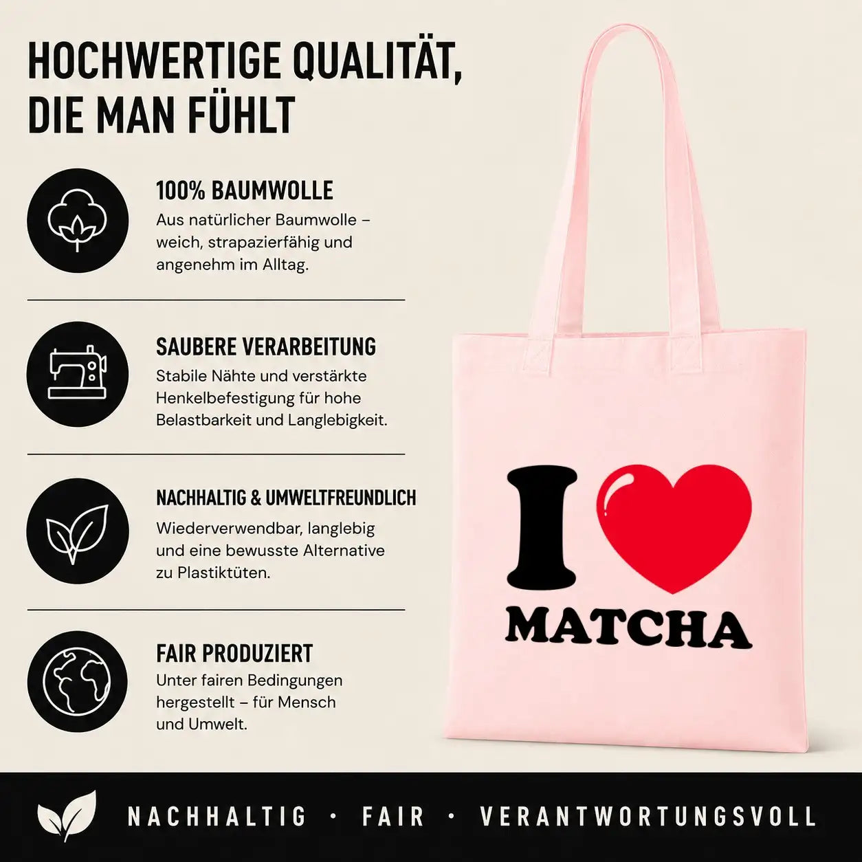 Baumwolltasche - I ❤ Matcha