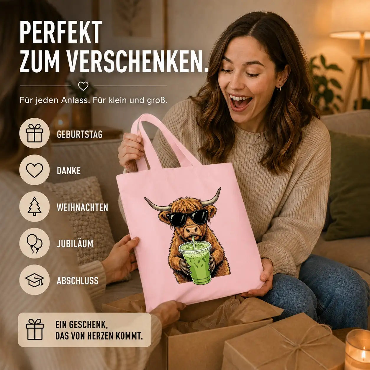 Baumwolltasche - Highland Rind mit Sonnenbrille