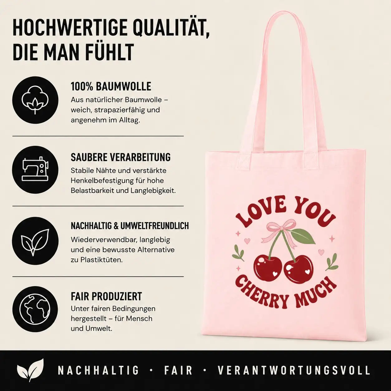 Baumwolltasche - Love You Cherry Much Rosa