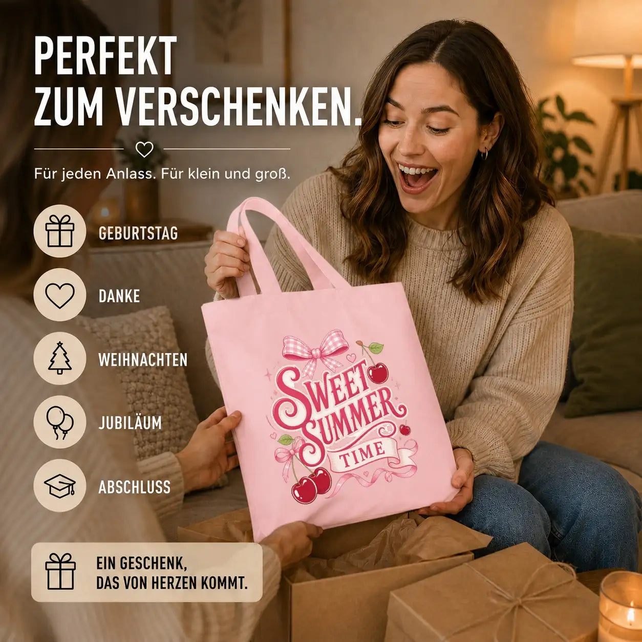 Baumwolltasche - Sweet Summer Time Rosa mit Kirschen