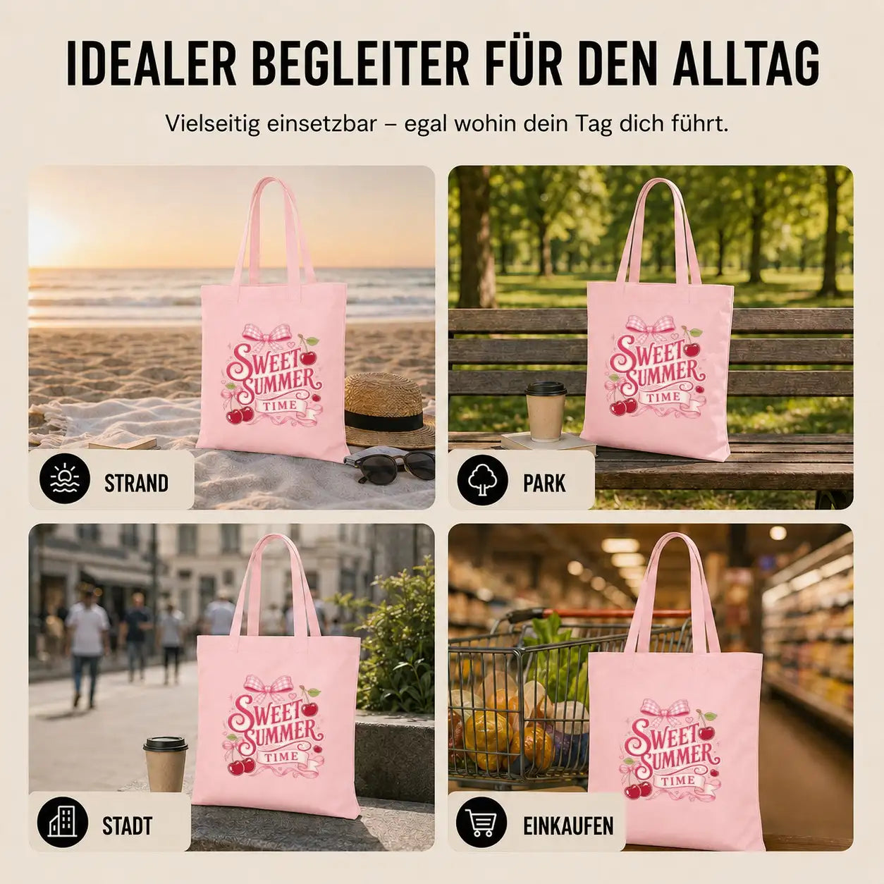 Baumwolltasche - Sweet Summer Time Rosa mit Kirschen