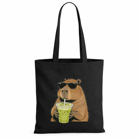 Baumwolltasche Schwarz - Capybara mit Matcha Eistee und Sonnenbrille