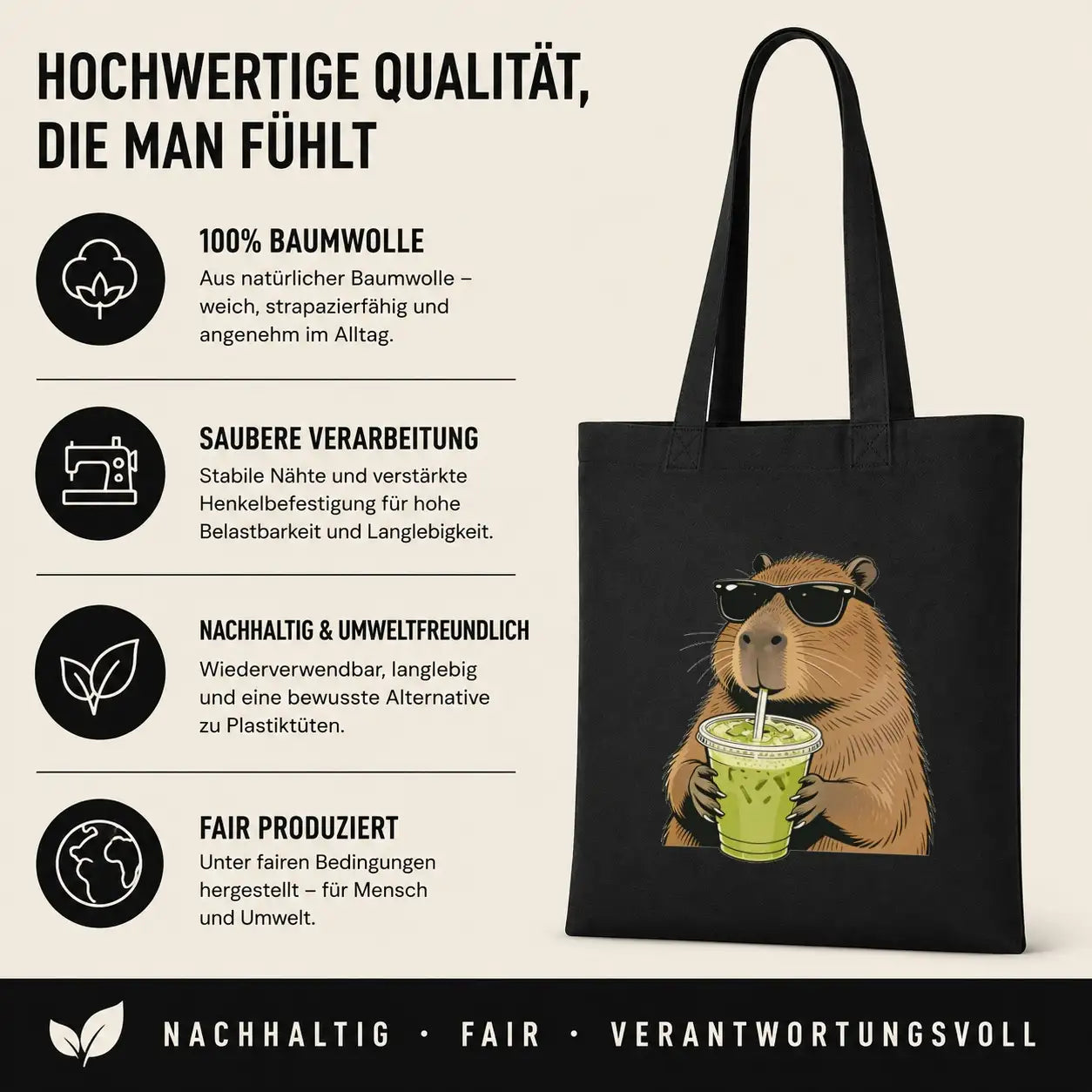 Baumwolltasche Schwarz - Capybara mit Matcha Eistee und Sonnenbrille