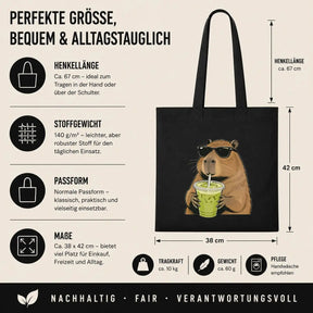 Baumwolltasche Schwarz - Capybara mit Matcha Eistee und Sonnenbrille