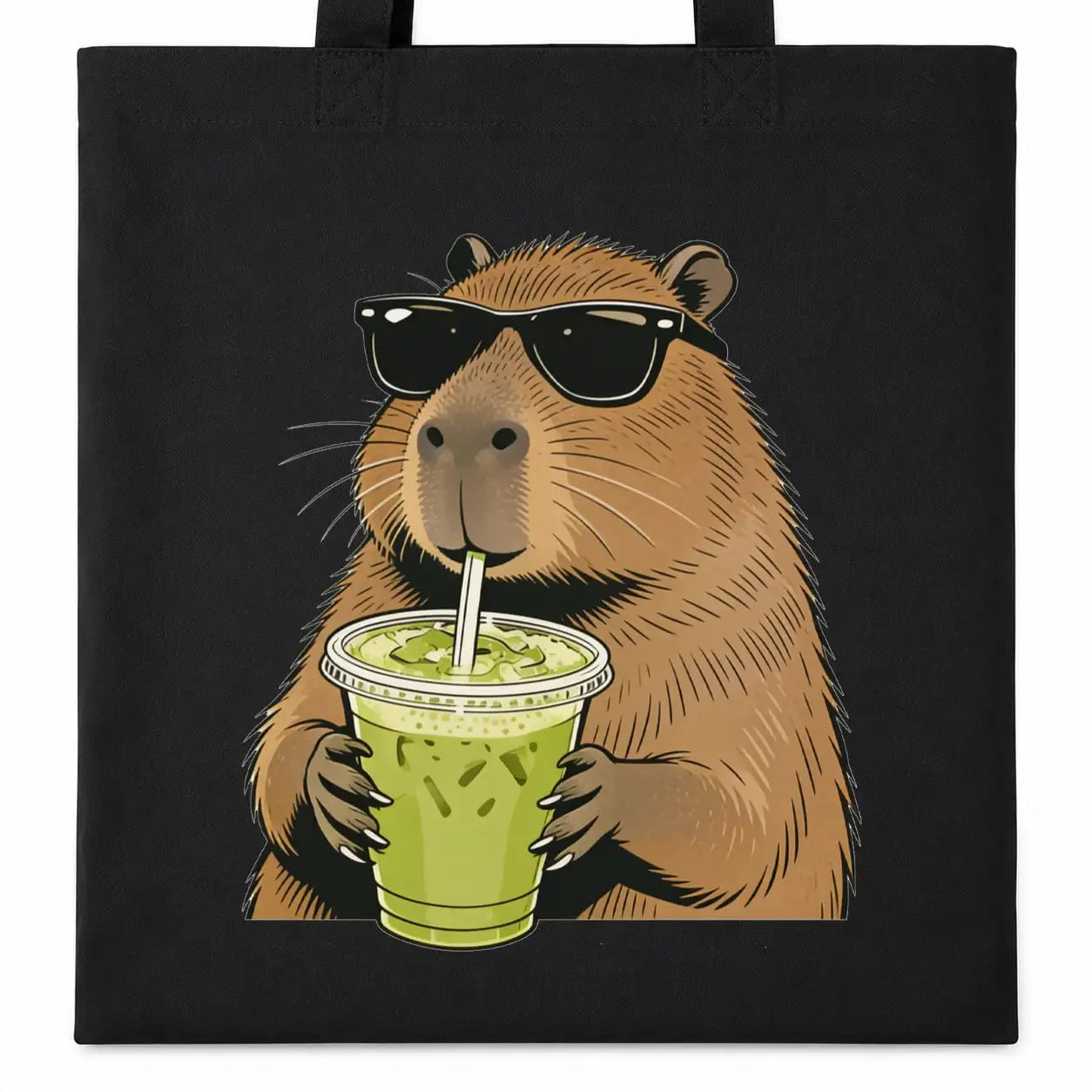 Baumwolltasche Schwarz - Capybara mit Matcha Eistee und Sonnenbrille