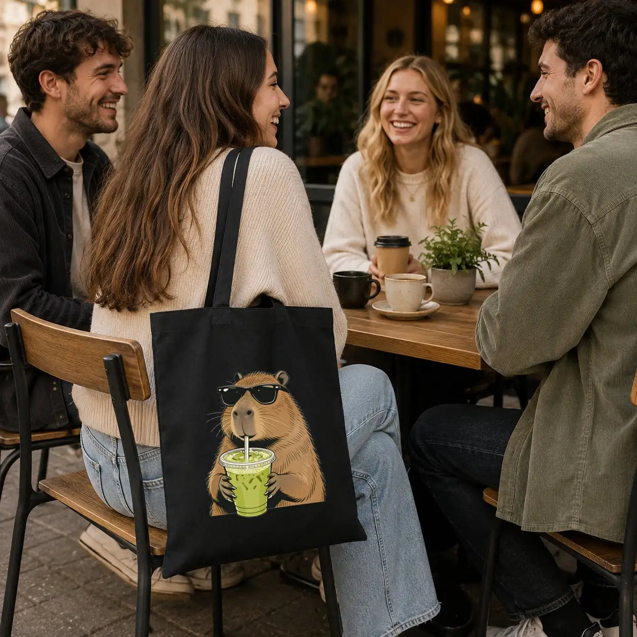 Baumwolltasche Schwarz - Capybara mit Matcha Eistee und Sonnenbrille