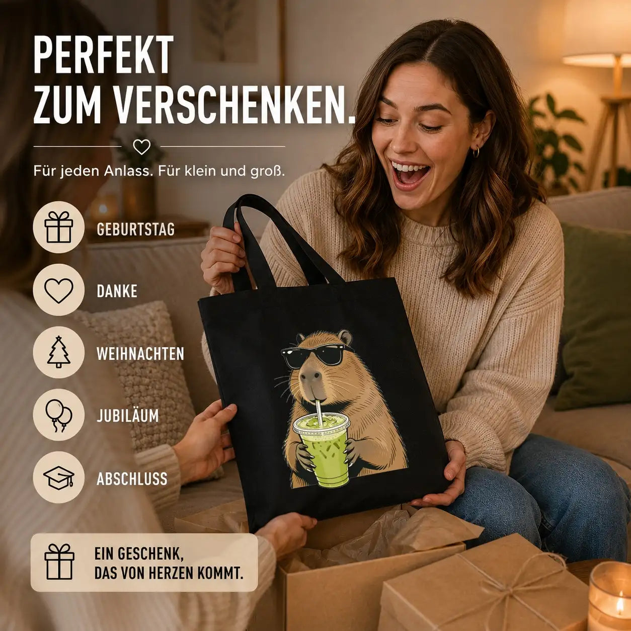 Baumwolltasche Schwarz - Capybara mit Matcha Eistee und Sonnenbrille