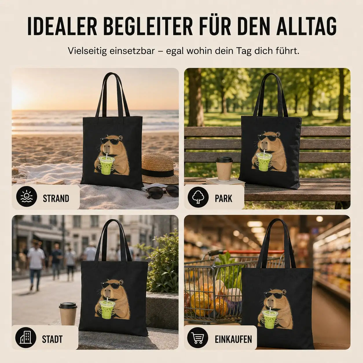 Baumwolltasche Schwarz - Capybara mit Matcha Eistee und Sonnenbrille