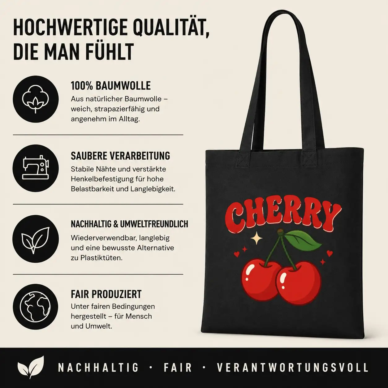 Baumwolltasche - Cherry Kirschen Motiv