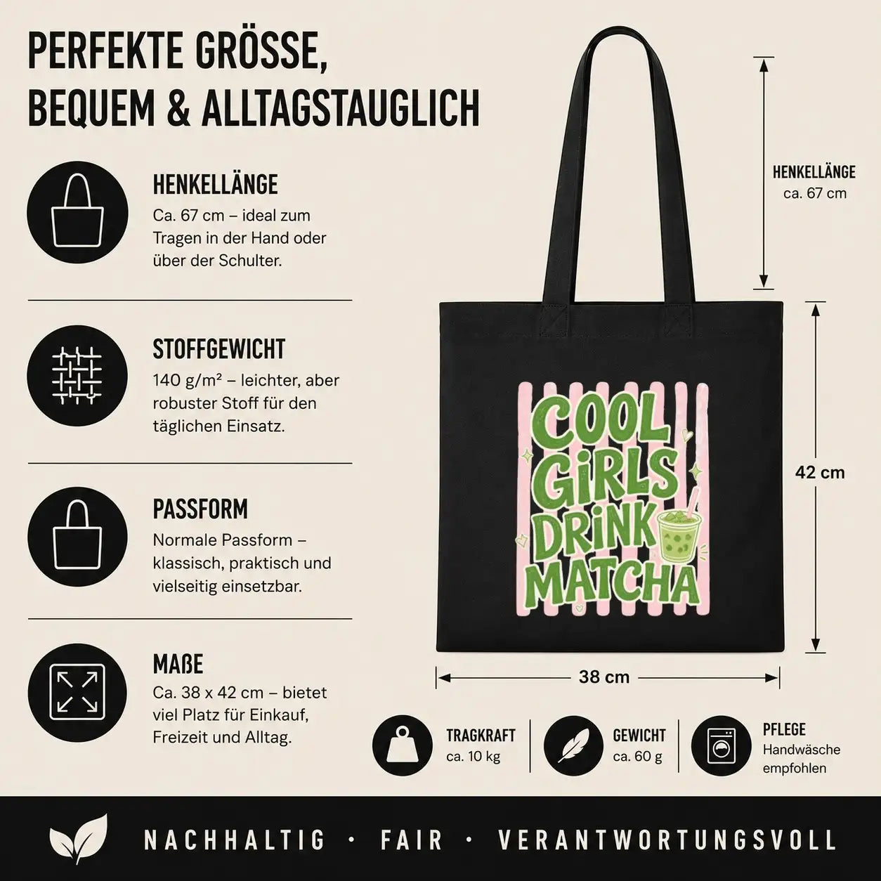Baumwolltasche Schwarz - Cool Girls Drink Matcha Motiv