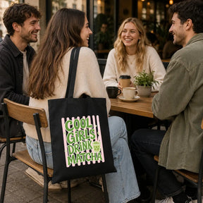 Baumwolltasche Schwarz - Cool Girls Drink Matcha Motiv