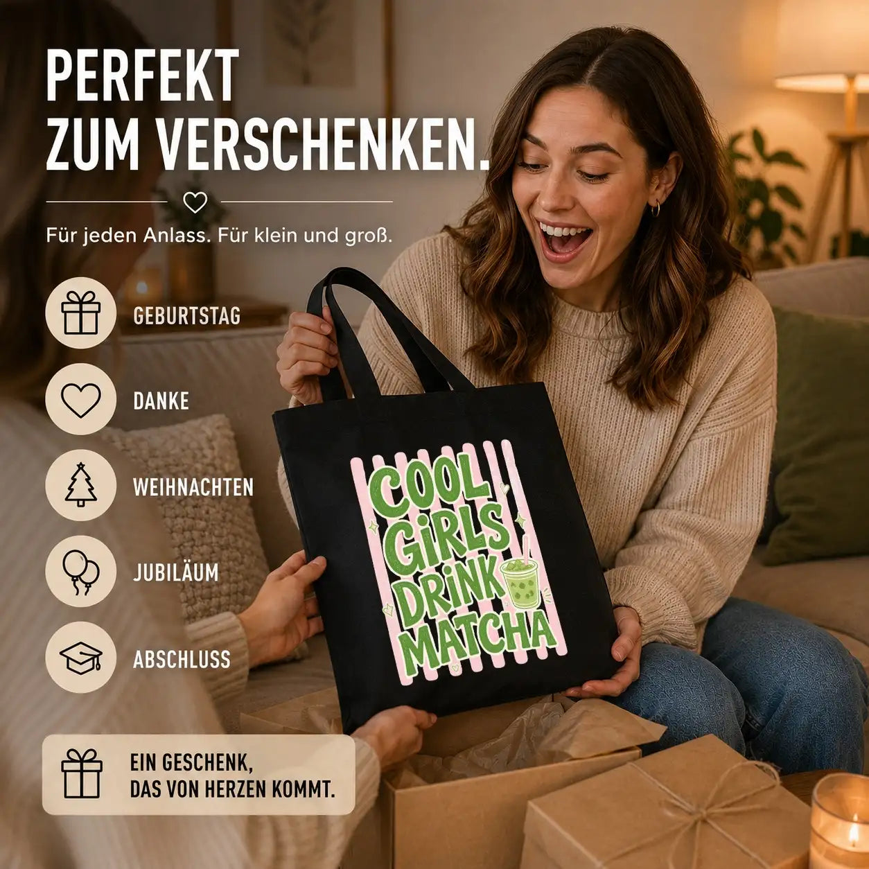 Baumwolltasche Schwarz - Cool Girls Drink Matcha Motiv