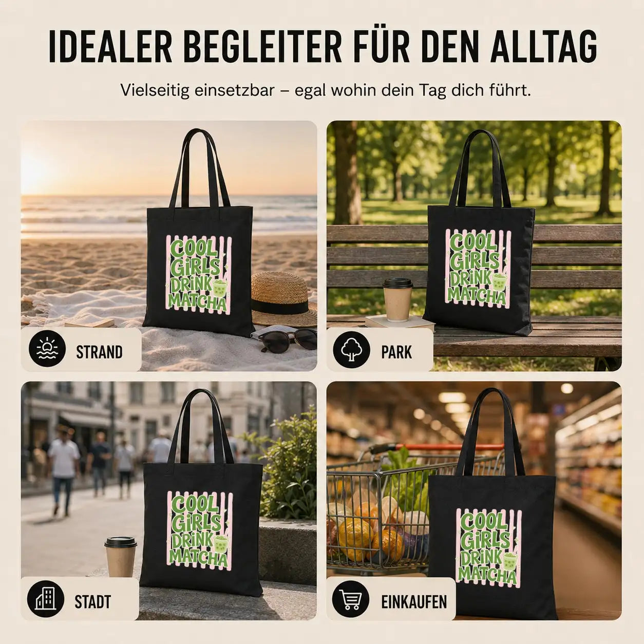 LIEBTASTISCH® Baumwolltasche Cool girls drink matcha - Stofftasche Beutel Einkaufsbeutel für Frauen Damen - Geschenk Geburtstag Weihnachten Freundin Mama - Macha - {FARBE}