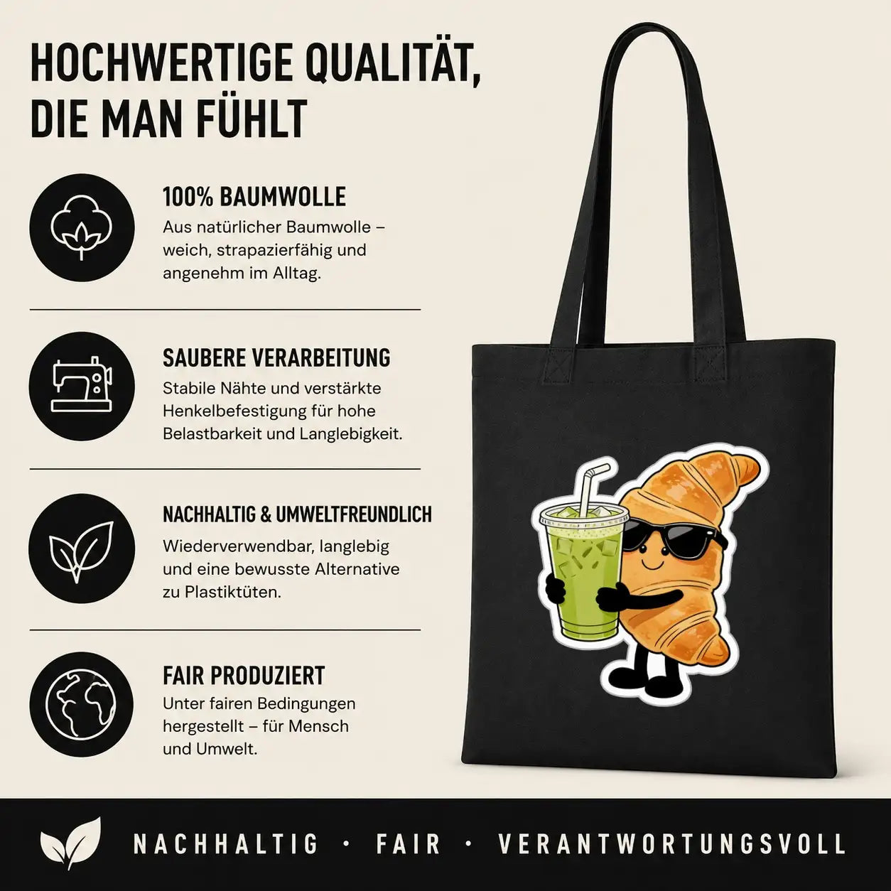 Baumwolltasche - Croissant mit Matcha-Getränk