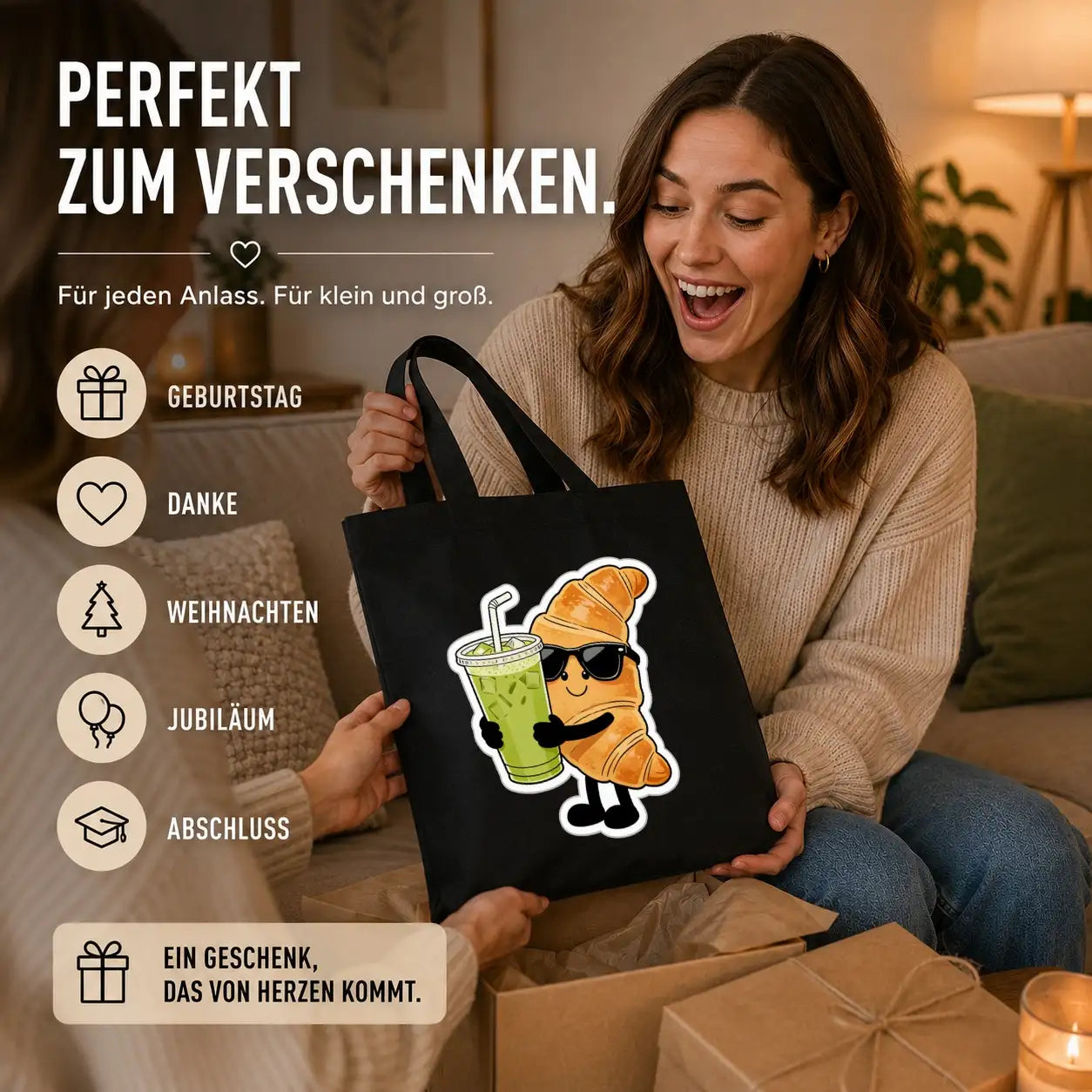 Baumwolltasche - Croissant mit Matcha-Getränk
