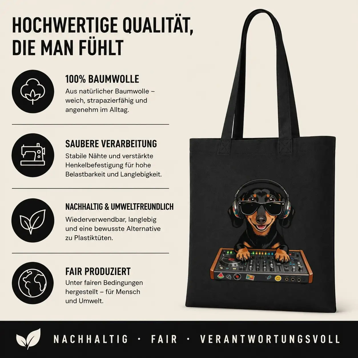 Baumwolltasche - Dackel DJ mit Sonnenbrille