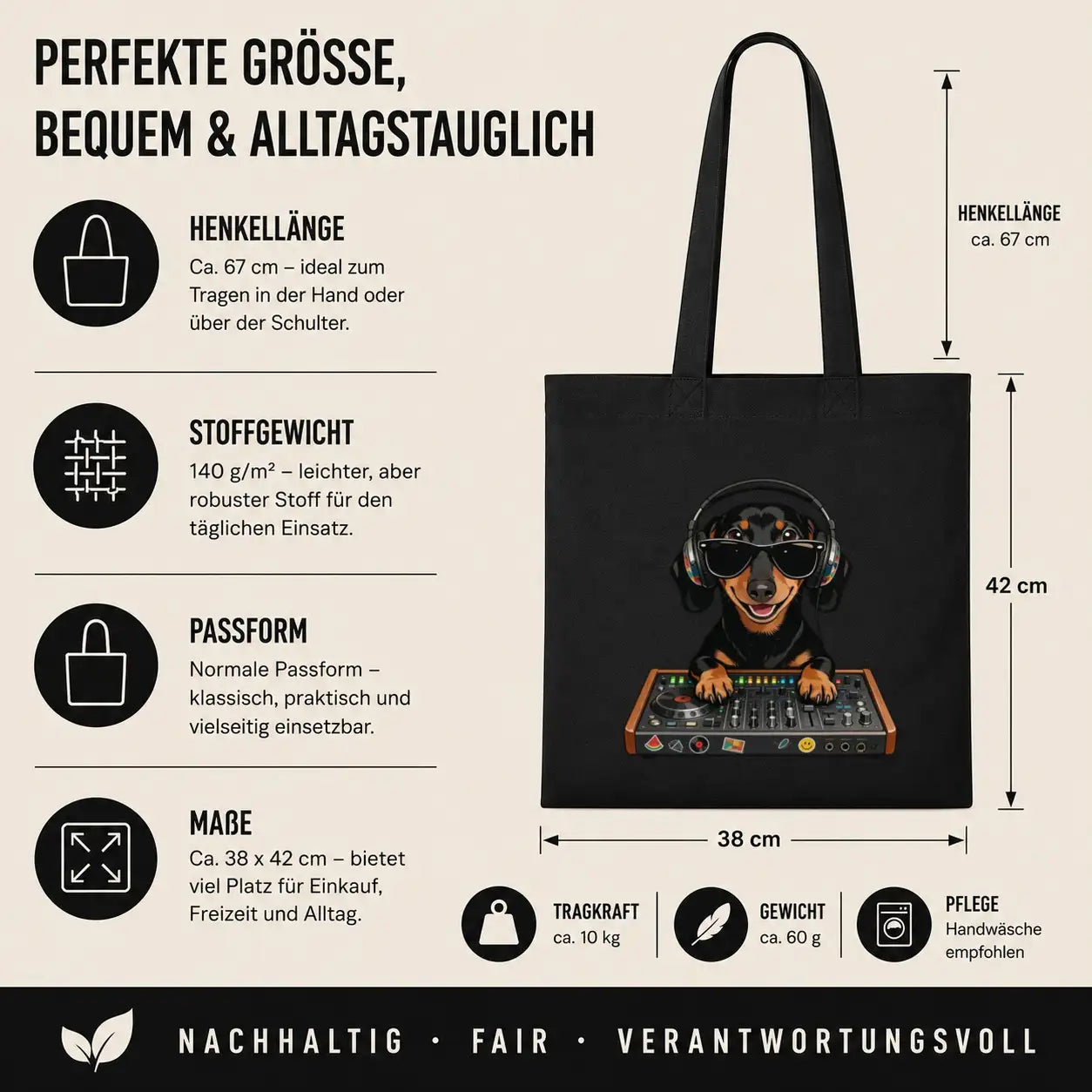Baumwolltasche - Dackel DJ mit Sonnenbrille