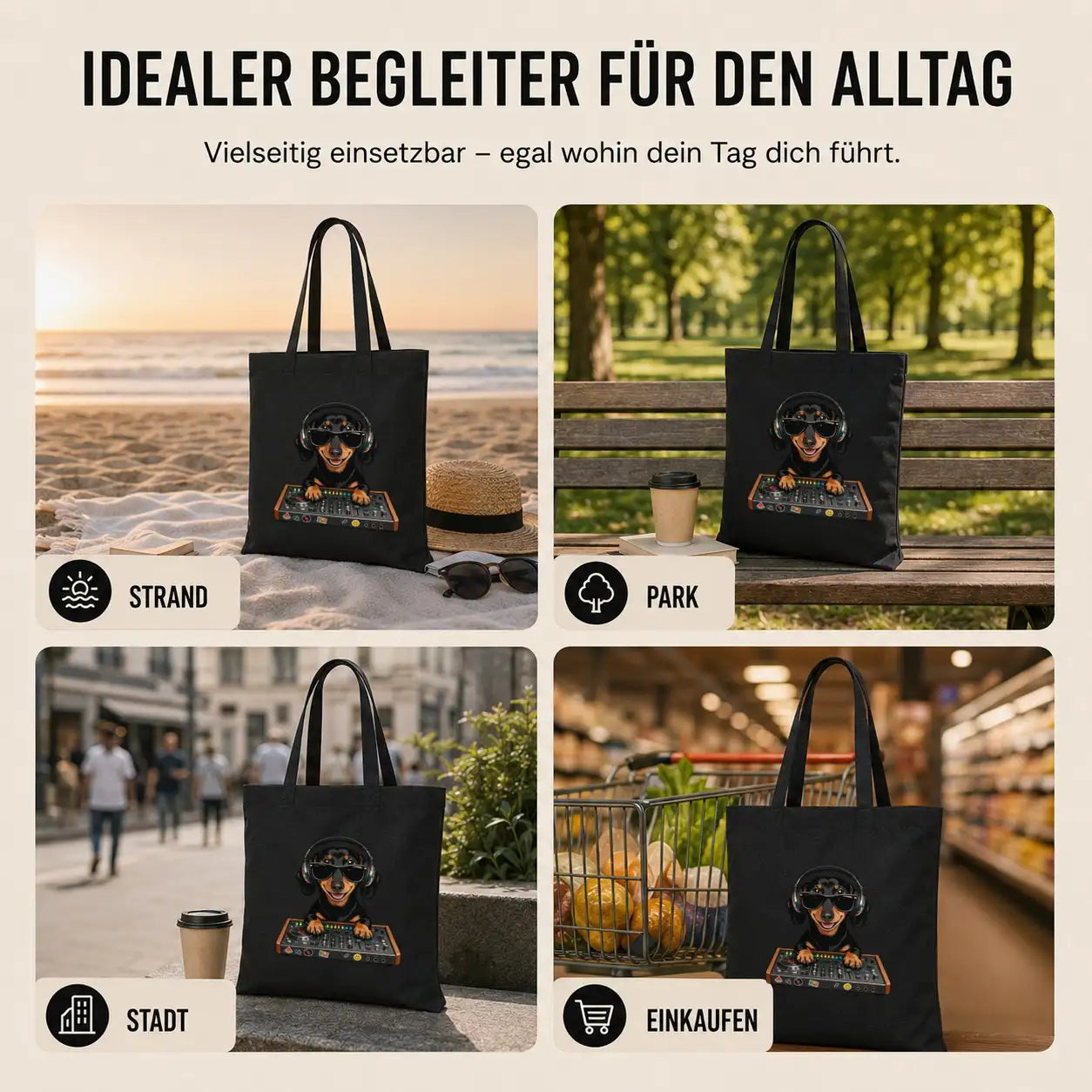 Baumwolltasche - Dackel DJ mit Sonnenbrille