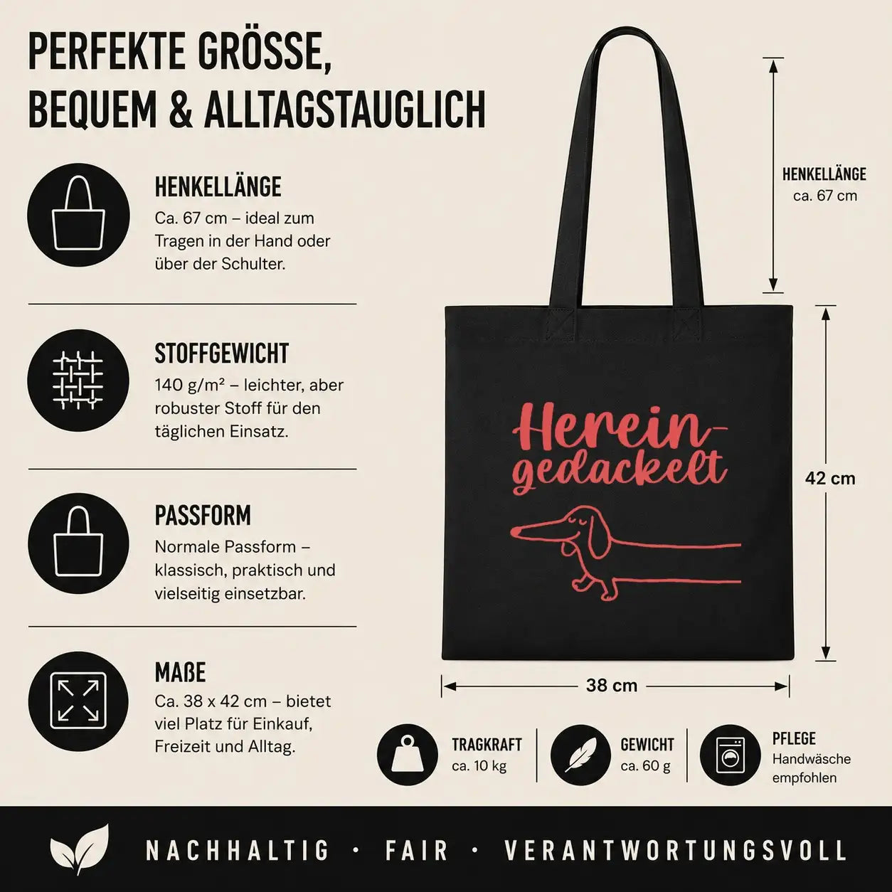 Baumwolltasche - Hereingedackelt Dackel Motiv