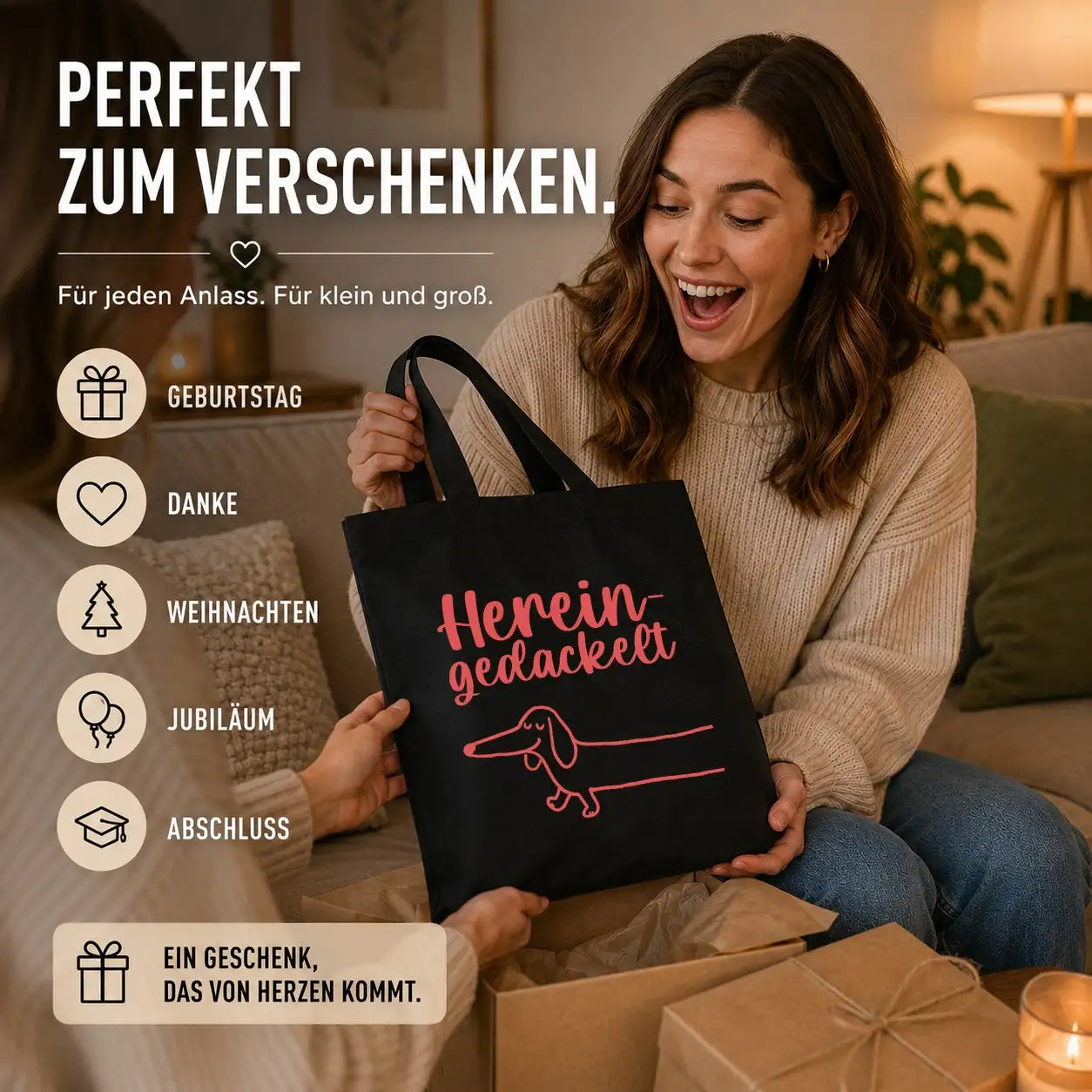 Baumwolltasche - Hereingedackelt Dackel Motiv