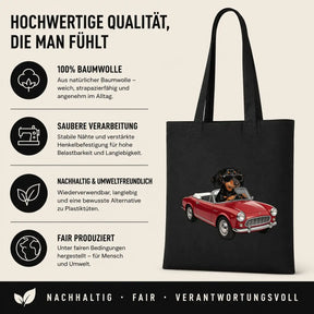 Baumwolltasche - Dackel mit Sonnenbrille im Auto